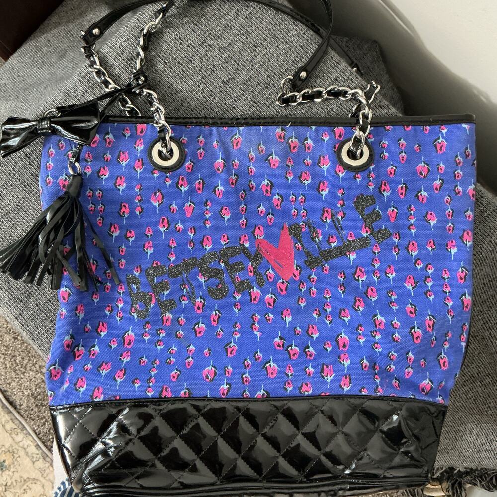 VTG Betsey Johnson Purple Betseyville Floral Roses Tote Bag